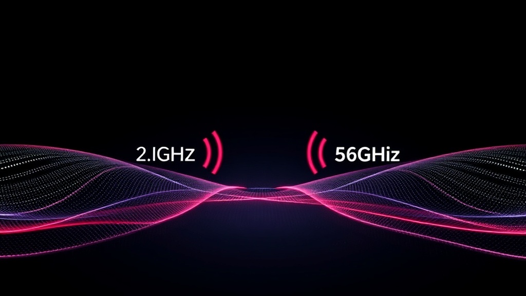 2.4GHz와 5GHz 주파수의 파형 차이를 시각적으로 보여주는 추상적인 네트워크 신호 이미지
