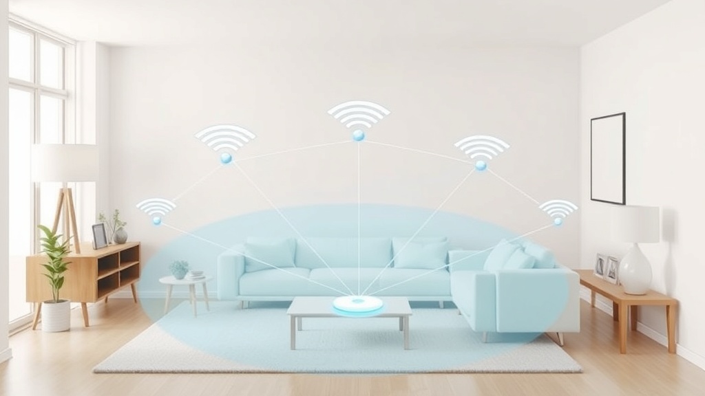 여러 대의 공유기 노드가 집안 전체를 그물망처럼 연결하여 사각지대를 제거하는 메시 네트워크 구조도