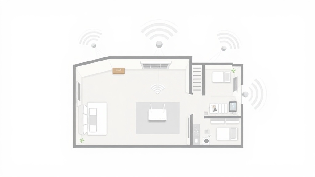 거실 메인 공유기와 각 방의 노드가 적절한 거리를 유지하며 배치된 평면도 예시