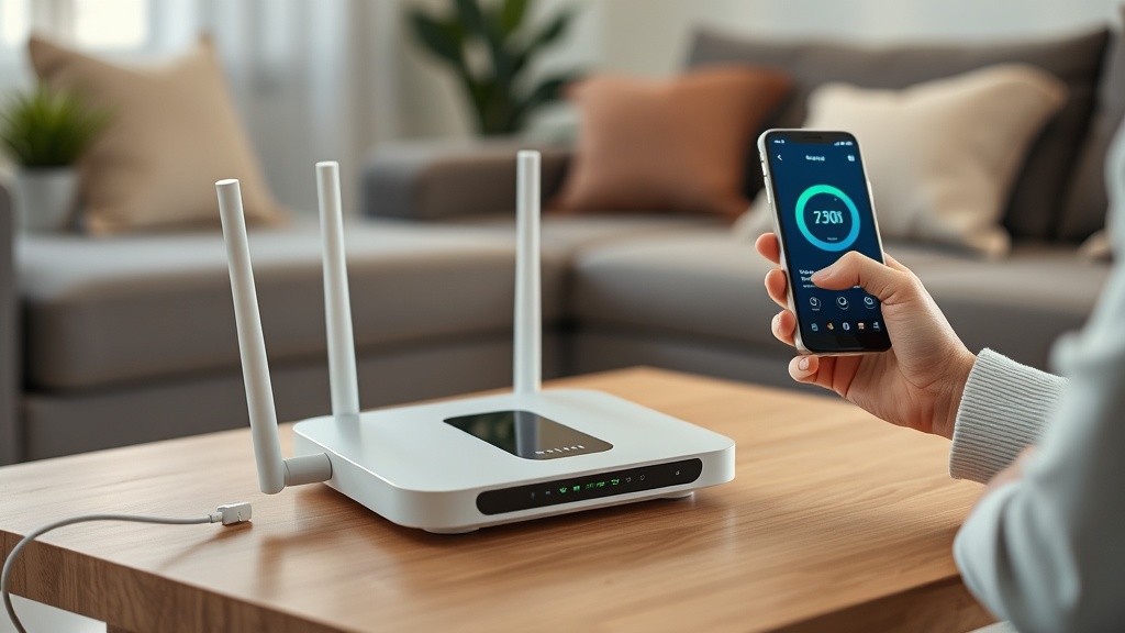거실 테이블 위에 놓인 최신형 무선 공유기와 그 옆에서 스마트폰으로 네트워크 속도를 확인하는 장면